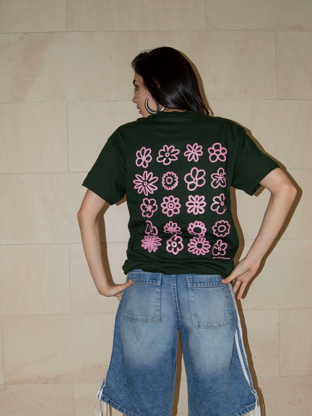 T-shirt Multi Fleurs - Vert forêt/Rose pâle